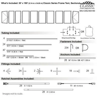 30' x 180' Classic Series Frame Tent, Sectional Tent Top, Complete, with diagram of tent components, tubing, fittings, and ratchet assemblies for assembly.