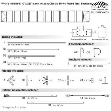 30' x 225' Classic Series Frame Tent, Sectional Tent Top, Complete, with detailed diagram showing tubing, fasteners, anchors, fittings, and ratchet assemblies.