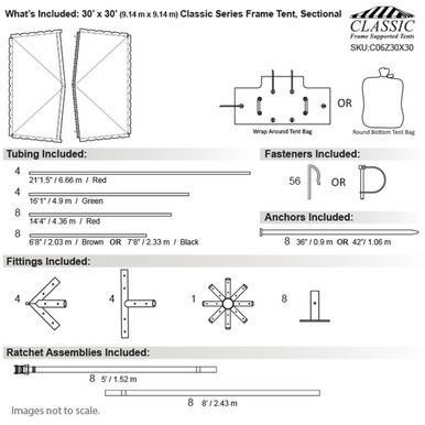 Celina Tent 30' x 30' Classic Series Frame Tent, sectional tent top with diagram of components, including tubing, fasteners, anchors, fittings, and ratchet assemblies, showing detailed specifications.