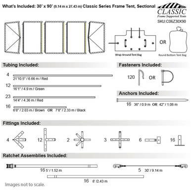 Celina Tent 30' x 90' Classic Series Frame Tent, Sectional Tent Top, Complete, inside view showing parts, tubing, fasteners, anchors, fittings, and ratchet assemblies.