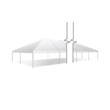 Celina Tent 30' x 90' Classic Series Frame Tent, Sectional Tent Top, Complete, viewed from the front showing a large white canopy supported by metal poles with sidewalls, set up for an outdoor event.