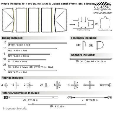 Celina Tent 40' x 100' Classic Series Frame Tent, sectional tent top, complete setup diagram with details on tubing, fasteners, anchors, fittings, and ratchet assemblies.