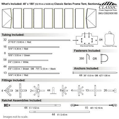 Celina Tent 40' x 180' Classic Series Frame Tent, Sectional Tent Top, Complete, with detailed diagram of components, tubing, fasteners, anchors, fittings, and ratchet assemblies for large event outdoor setup.