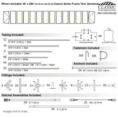 Celina Tent 40' x 280' Classic Series Frame Tent, Sectional Tent Top, Complete, with diagram showing sectional tent top and components for assembly.