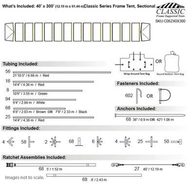 Celina Tent 40' x 300' Classic Series Frame Tent, Sectional Tent Top, Complete, technical schematic showing tent layout, tubing, fasteners, anchors, fittings, and ratchet assemblies.