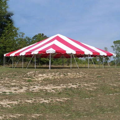 Celina Tent 40' x 40' Classic Series Frame Tent, Sectional Tent Top, Complete, red and white striped canopy set up outdoors on a grassy hill with trees in the background.