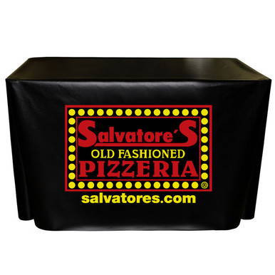 4' Fitted Vinyl, 4-Sided table cover with Salvatore's Old Fashioned Pizzeria logo for promotional display.