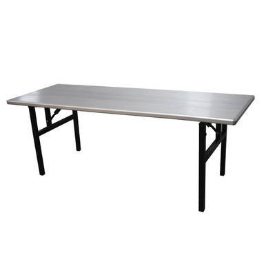8' x 30" Aluminum Banquet Table, lightweight and durable folding table with a silver top and black foldable legs.