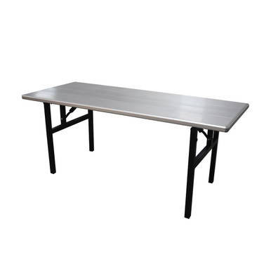 6' x 30" Aluminum Banquet Table, a sturdy rectangular table with a silver aluminum surface and black metal legs designed for events and gatherings.