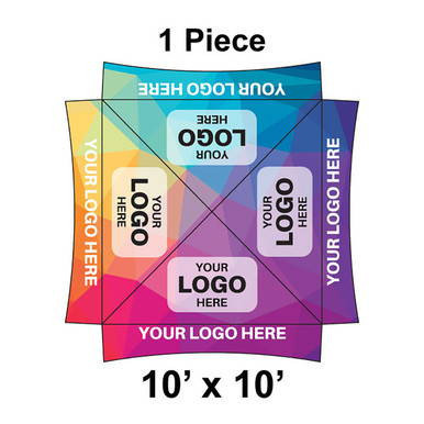 10' x 10' Master Series Frame Tent, 1 Piece, 16 oz. Ratchet Top, Full Digital Print, showing a colorful custom branding tent with multiple logo placement areas and a digital printing surface.