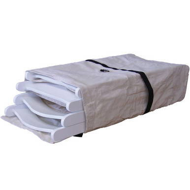 Folding Chair Storage Bag, collapsible white fabric bag with black strap holding foldable chairs.