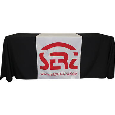 Table Runner, 36'' x 88'', black table runner with white and red logo design draped over a table.