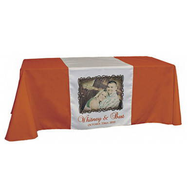 Table Runner, 30'' x 72'' with personalized photo and text for a special occasion.