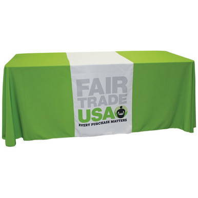 Table Runner, 24'' x 88'' with vibrant green and white color and 'Fair Trade USA' logo, ideal for decorative tables at events or gatherings.