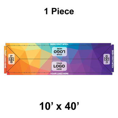 10' x 40' Classic Frame Tent, 1 Piece, 16 oz. Ratchet Top, Full Digital Print, colorful tent with geometric design and customizable logo areas.