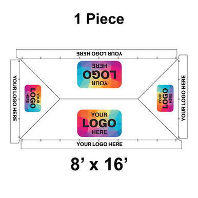 8' x 16' Classic Frame Tent, 1 Piece, with Ratchet Top and Logo/Valance Print Only, illustration of tent layout showing branding areas and dimensions.