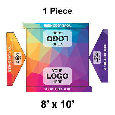 8' x 10' Gable Frame Tent, 1 Piece, 16 oz. Ratchet Top, Full Digital Print, with customizable logo areas on side panels and front banner.