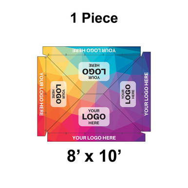 8' x 10' Classic Frame Tent, 1 Piece, 16 oz. Ratchet Top, Full Digital Print with customizable logo areas on vibrant colorful panels.