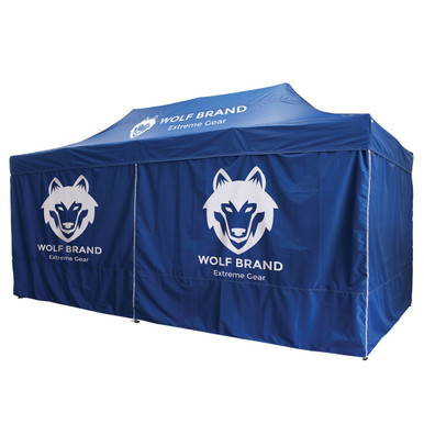10' Full Print Fast Shade Sidewall, blue sidewall with Wolf Brand logo for outdoor event tents.