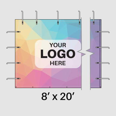 8' x 20' Printed Mesh Pinn Wall, colorful display with customizable logo area and hanging hooks for event or trade show use.