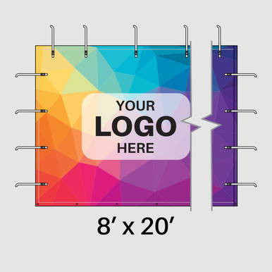 8' x 20' Printed Pinnacle Wall, colorful geometric design with customizable logo space and hanging hooks for display.
