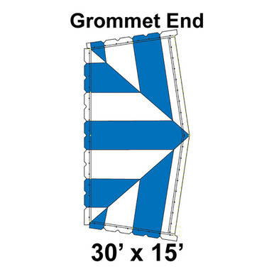 30' x 15' Classic Pole Tent Grommet End, 16 oz. Ratchet Top, White and Blue, with grommets and striped pattern for outdoor events and gatherings.