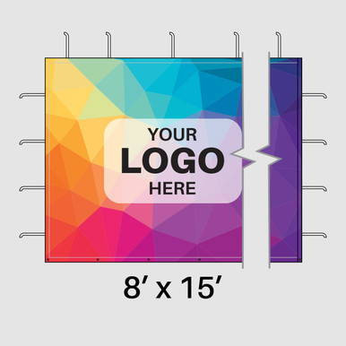 Celina Tent 8' x 15' Printed Pinn Backdrop, colorful geometric pattern with customizable logo area.