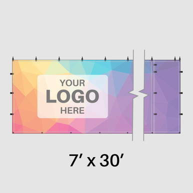 7' x 30' Mesh SW Full Print, large decorative privacy banner with customizable logo area and colorful geometric design.