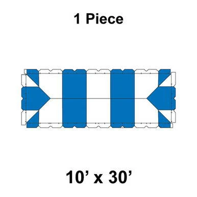 10' x 30' Classic Frame Tent, 1 Piece, 16 oz. Ratchet Top Replacement, featuring a blue and white patterned roof with adjustable ratchet straps for secure setup.