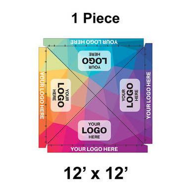 12' x 12' Classic Frame Tent, 1 Piece, Ratchet Top, Full Digital Print, showing colorful design with customizable logo areas and size specifications