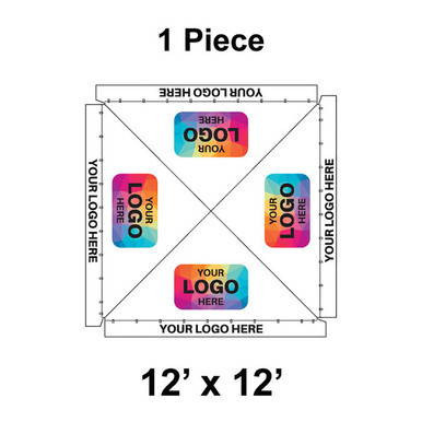 12' x 12' Classic Frame Tent, 1 Piece, Ratchet Top, Logo/Valance Print Only - diagram showing tent layout with customizable logos on valance and sides.