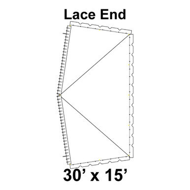30' x 15' Classic Pole Tent Lace End, 16 oz. Ratchet Top, Solid White, with detailed diagram of the lace end and measurement specifications.