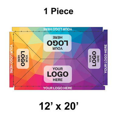 12' x 20' Classic Frame Tent, 1 Piece, 16 oz. Ratchet Top, Full Digital Print, showcasing a colorful customizable graphic design with areas for logos and branding.