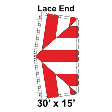 30' x 15' Classic Pole Tent Lace End with White and Red Color, Ratchet Top, detailed diagram of the tent's lace end design.