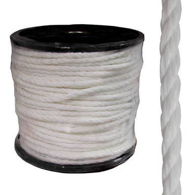 Rope, 5/8'' White, Polypropylene, 600' per Spool, image of a large spool of white polypropylene rope with a close-up of a twisted rope strand next to it.