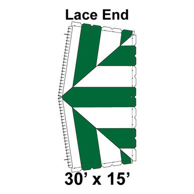 30' x 15' Classic Pole Tent Lace End, 16 oz. Ratchet Top, White and Forest Green, showing a detailed view of the lace end with green and white fabric segments and measurement markings.