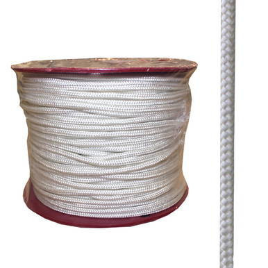 5/32'' Polyester Laceline Rope Start Rope, close-up view of a spool of white polyester laceline rope with textured surface and a section of the rope shown alongside the spool.