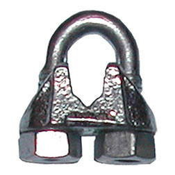 3/16" Cable Clamp, sturdy metal clamp with a secured bolt and nut for securing cables.