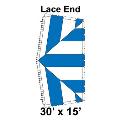 30' x 15' Classic Pole Tent Lace End, 16 oz. Ratchet Top, White and Blue, featuring lace end design and ratchet top for secure setup