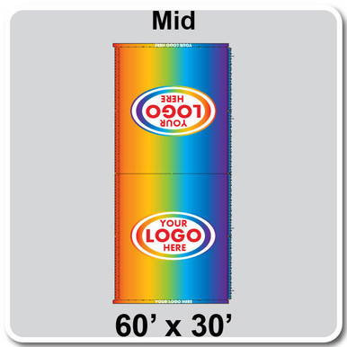 60' x 30' Classic Pole Tent Mid, 16 oz. Ratchet Top, Full Digital Print, with colorful rainbow design and customizable logo space.