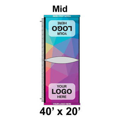 40' x 20' Premiere High Peak Tent Mid, 16 oz. Ratchet Top, Full Digital Print, product label showing customizable logo area and vibrant geometric background.