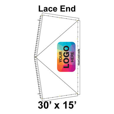 30' x 15' Classic Pole Tent Lace End, 16 oz. Ratchet Top, Logo/Valance Print Only, showing a detailed diagram of the tent's lace end with measurement markings and branding for customization.