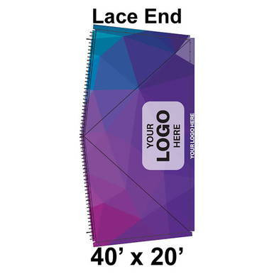 40' x 20' Classic Series Frame Tent Lace End, 16 oz. Ratchet Top, Full Digital Print, featuring a vibrant purple and blue geometric design with customizable logo space.