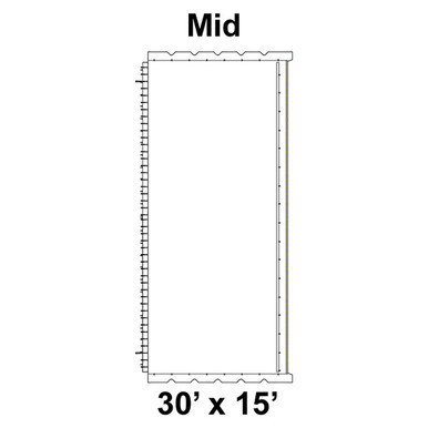 30' x 15' Classic Pole Tent Mid, 16 oz. Ratchet Top, Solid White, with detailed diagram showing the dimensions and structure of the tent.