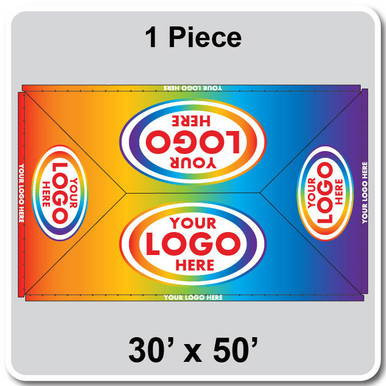 30' x 50' Classic Pole Tent, 1 Piece, 16 oz. Ratchet Top, Full Digital Print, showcasing a vibrant and colorful design with customizable logo areas for events or branding.