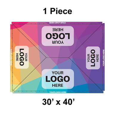 30' x 40' Classic Pole Tent, 1 Piece, 16 oz. Ratchet Top, Full Digital Print, featuring customizable sections for logos and vibrant colorful design.