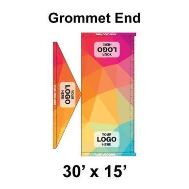 30' x 15' Gable Frame Tent Grommet End with Full Digital Print, 16 oz. Ratchet Top, product image showing colorful geometric design and customizable logo area.
