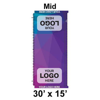 30' x 15' Classic Frame Tent Mid, 16 oz. Ratchet Top, Full Digital Print, showing a detailed image of the tent with customizable logo area on a purple and blue background.