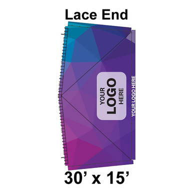 30' x 15' Classic Series Frame Tent Lace End, 16 oz. Ratchet Top, Full Digital Print, displaying a colorful geometric pattern with customizable logo space.