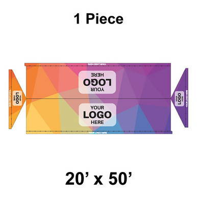 20' x 50' Gable Frame Tent, 1 Piece, 16 oz. Ratchet Top, Full Digital Print, showcasing vibrant geometric pattern and customizable logo area.